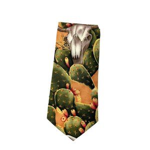Mens Western Neck Tie Prickly Pear Steer Skeleton Orange Green Cactus Cotton